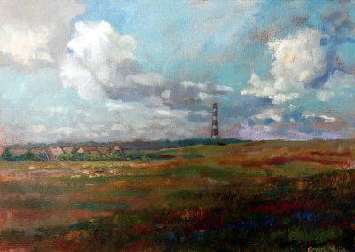 Een schilderij van een landschap met een dorp en vuurtoren